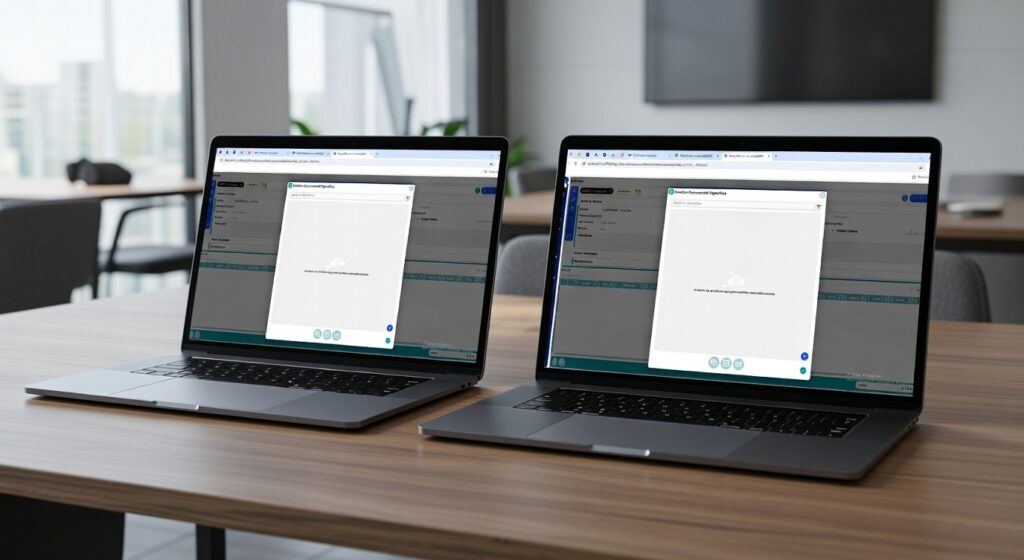 Para accesibilidad y posicionamiento web. Dos ordenadores portátiles modernos de color gris espacial abiertos sobre una mesa de madera en una oficina. Las pantallas muestran una interfaz de software limpia con ventanas emergentes de gestión de archivos y procesos de carga de documentos.
